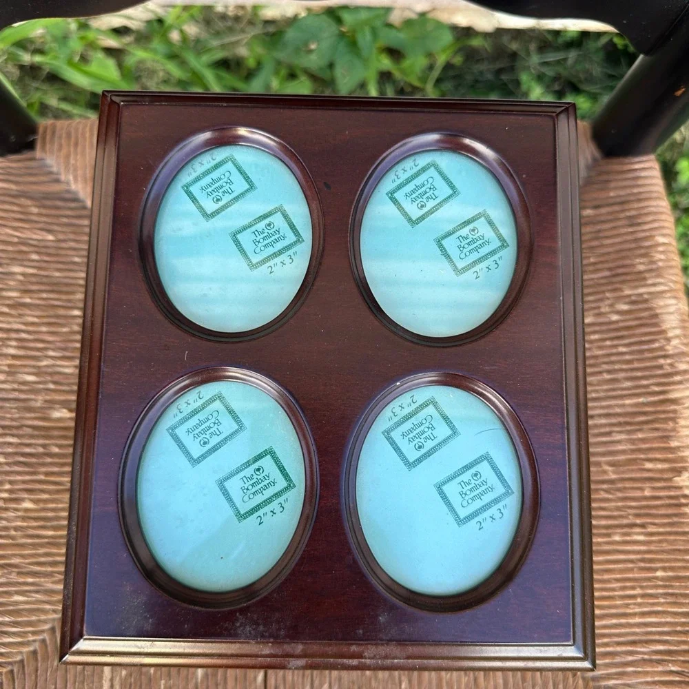 The Bombay Company 1996 Wood Memory Box Photo Frame Lid Green Velvet Lining 128